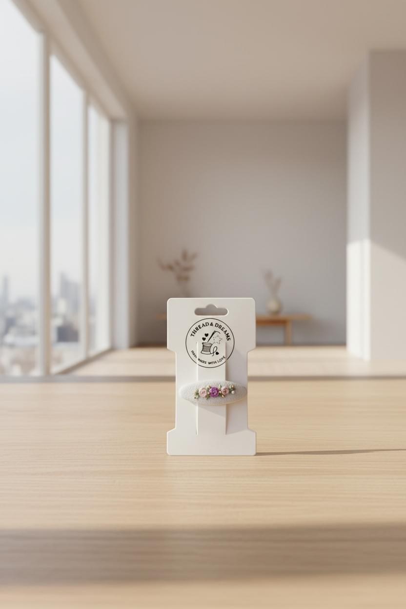 Boutique packaging display of a Thread & Dreams hand-embroidered floral linen hair clip in a bright, modern studio setting.