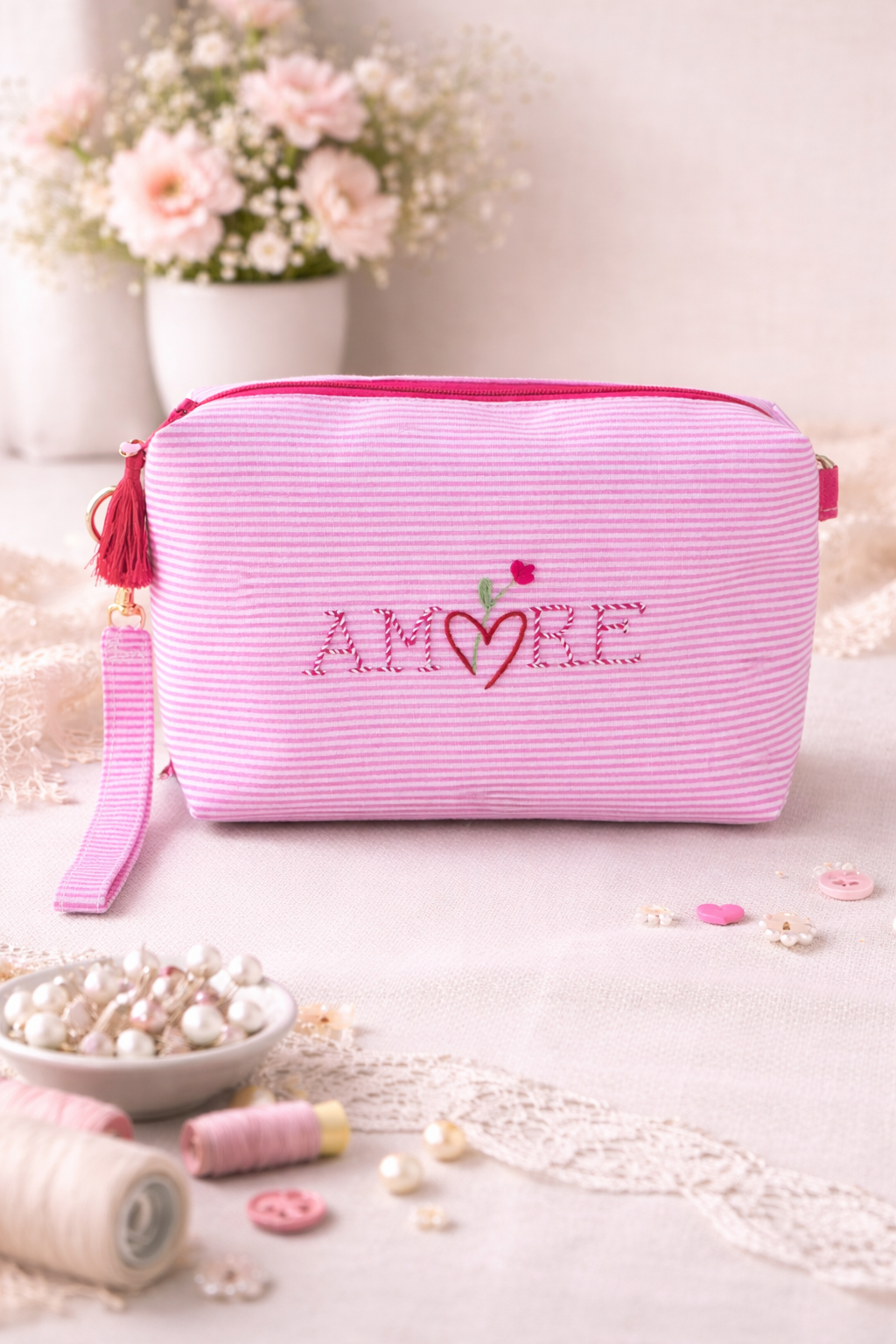 Amore Embroidered Clutch Bag - Pink