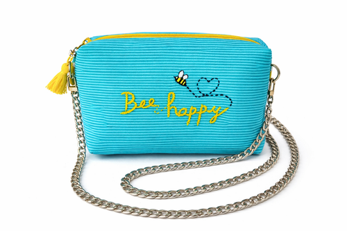 Bee Happy Embroidered Clutch Bag - Teal