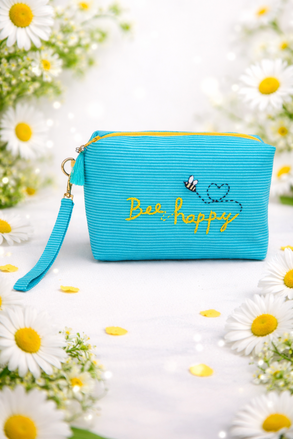 Bee Happy Embroidered Clutch Bag - Teal