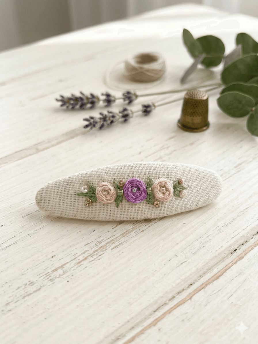 "Hand-embroidered hair clip on white linen with dusty pink roses and pearl details — Thread & Dreams"
