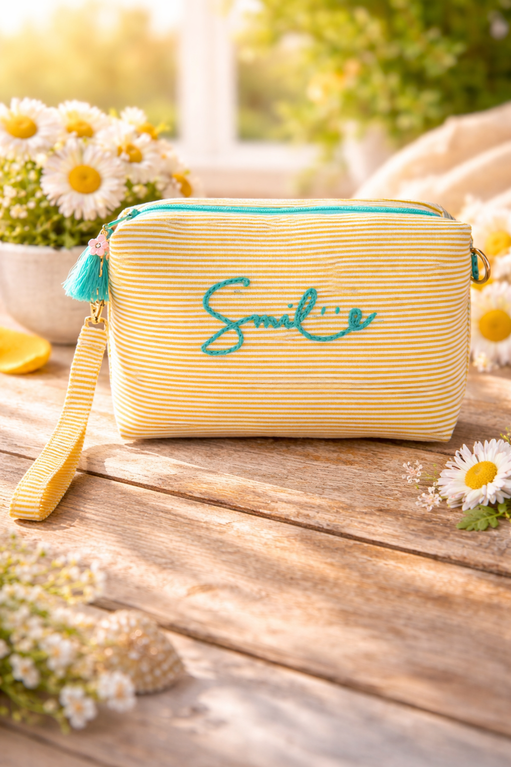 Smile Embroidered Clutch Bag - Yellow